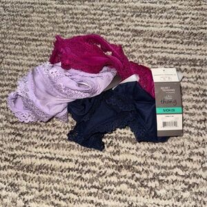 Secret Treasures Lace Thong Trio in Navy, Lavender & Magenta